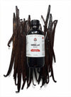 Pure Sri Lankan vanilla extract bottle with vanilla beans in the background