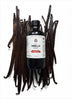 Pure Sri Lankan vanilla extract bottle with vanilla beans in the background